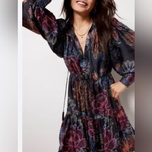 NWT Farm Rio Women Size S Sparkle Flower Mini Dress Black Multicolor Long Sleeve